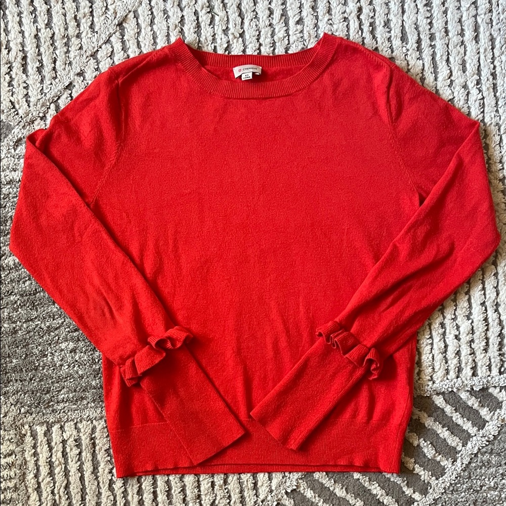 Little Red Holiday Sweater Cremieux Ruffle Sleeves - Size XS Soft and Cozy